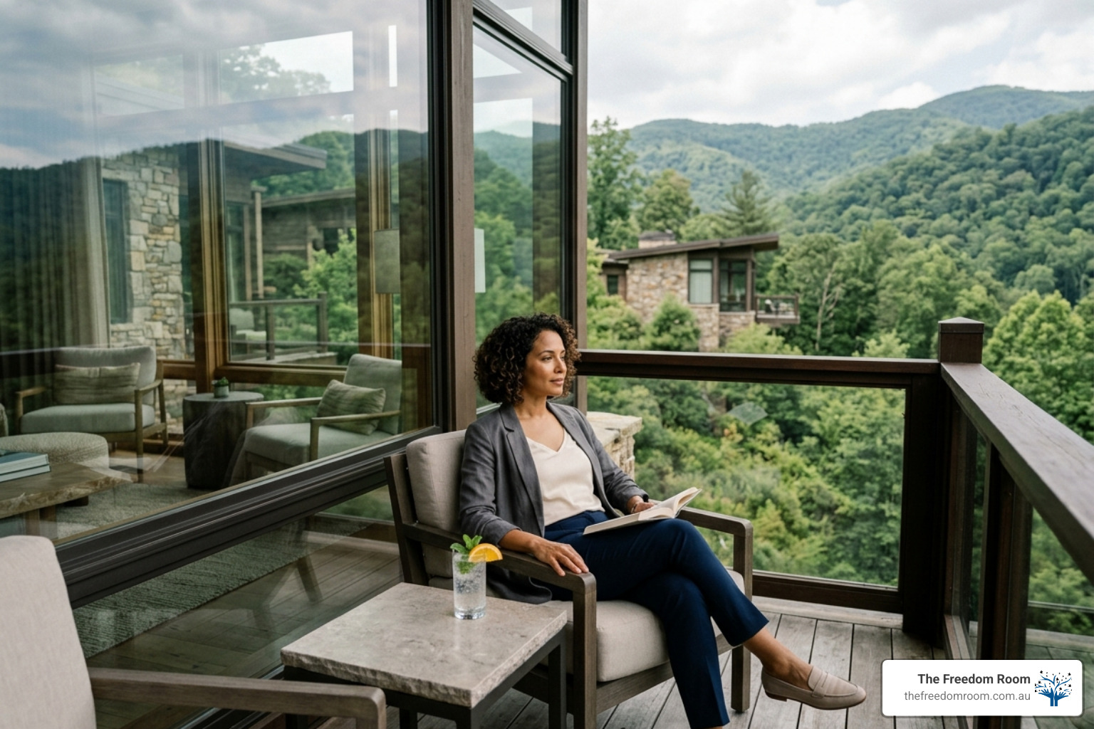 Professional woman sitting in nature with a book and a refreshing mocktail, representing the holistic approach of executive alcohol treatment. Professional woman sitting in nature with a book and a refreshing mocktail, representing the holistic approach of executive alcohol treatment.