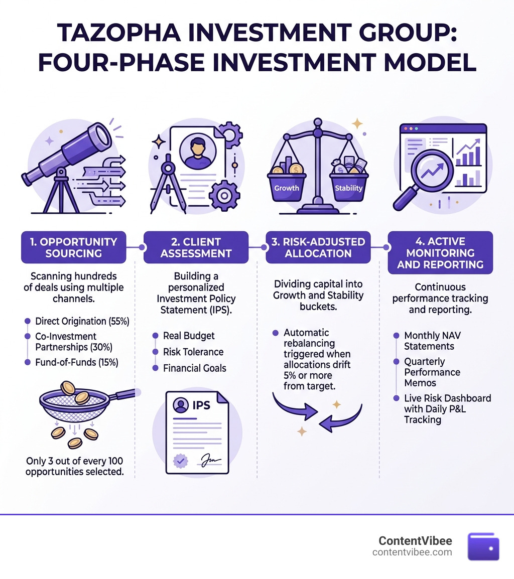 Four-phase investment model overview: sourcing, assessment, allocation, monitoring - how tazopha investment group work