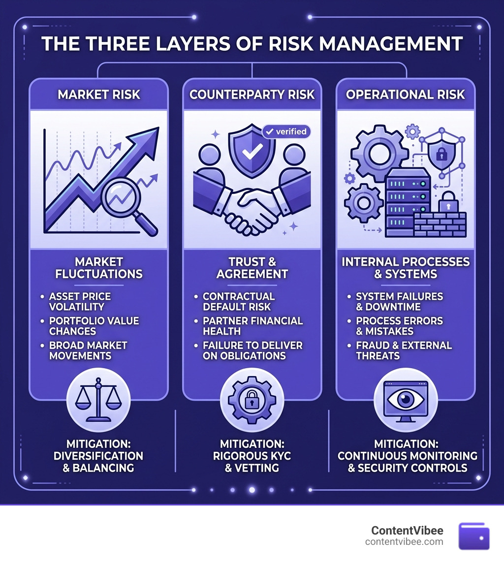 Infographic showing the three layers of risk: Market, Counterparty, and Operational - how tazopha investment group work