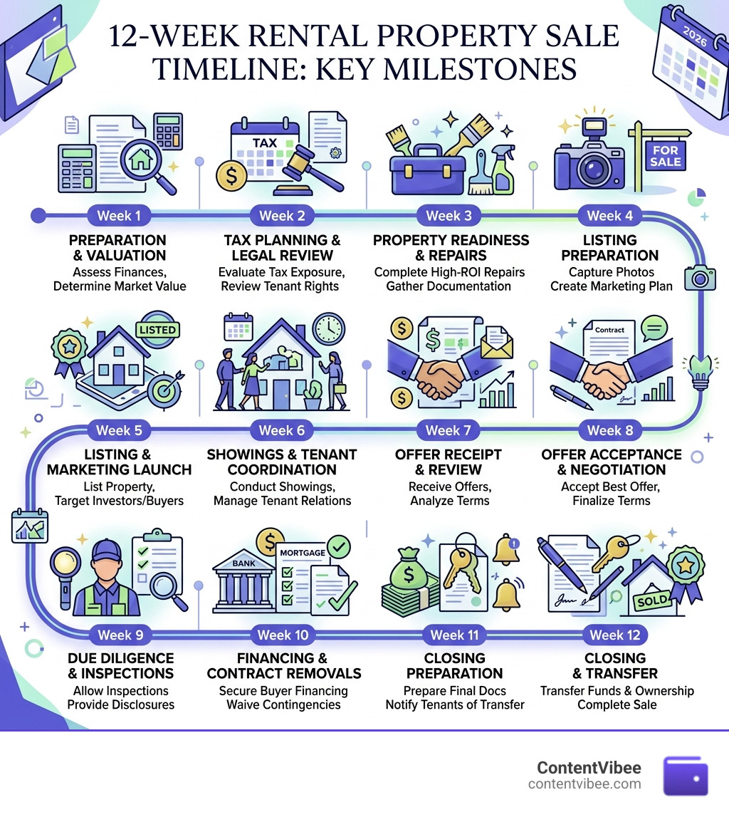 12-week rental property sale timeline infographic showing key milestones from pre-listing to closing - rental property sale