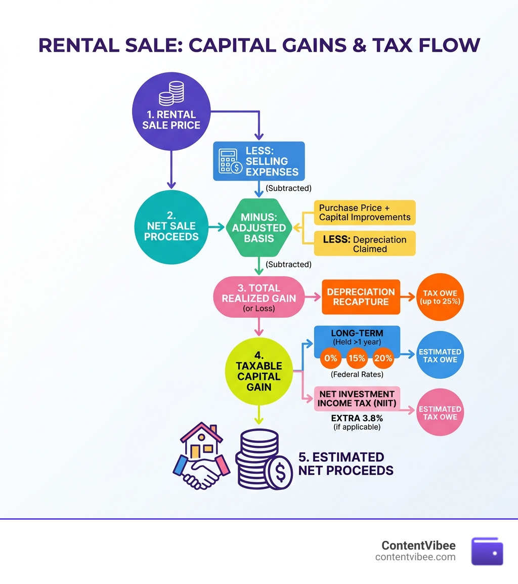 infographic showing rental sale proceeds flow from sale price to adjusted basis to taxable capital gain and tax owed