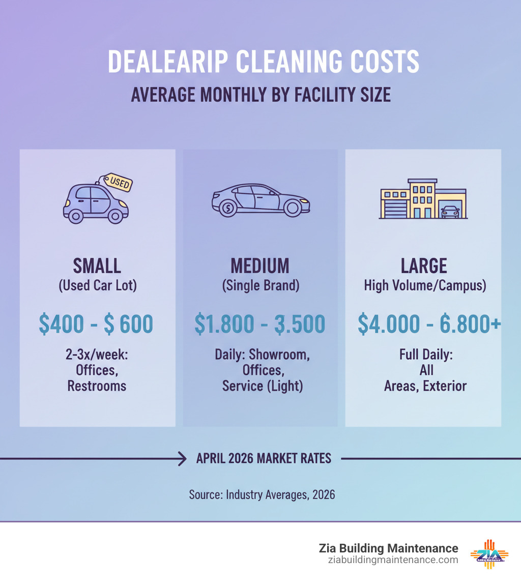 Graphic showing average dealership cleaning costs by facility size - car dealership cleaning service infographic Graphic showing average dealership cleaning costs by facility size - car dealership cleaning service infographic