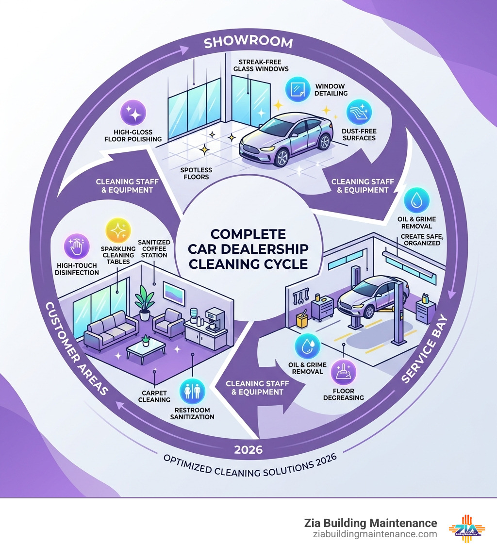 infographic showing the car dealership cleaning cycle from showroom to service bay to customer areas - car dealership infographic showing the car dealership cleaning cycle from showroom to service bay to customer areas - car dealership