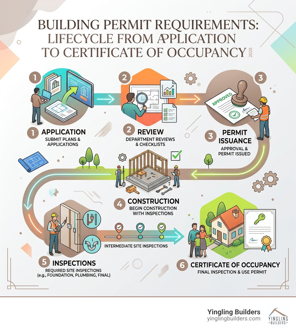 Lifecycle of a building permit from application to certificate of occupancy - Building permit requirements infographic 