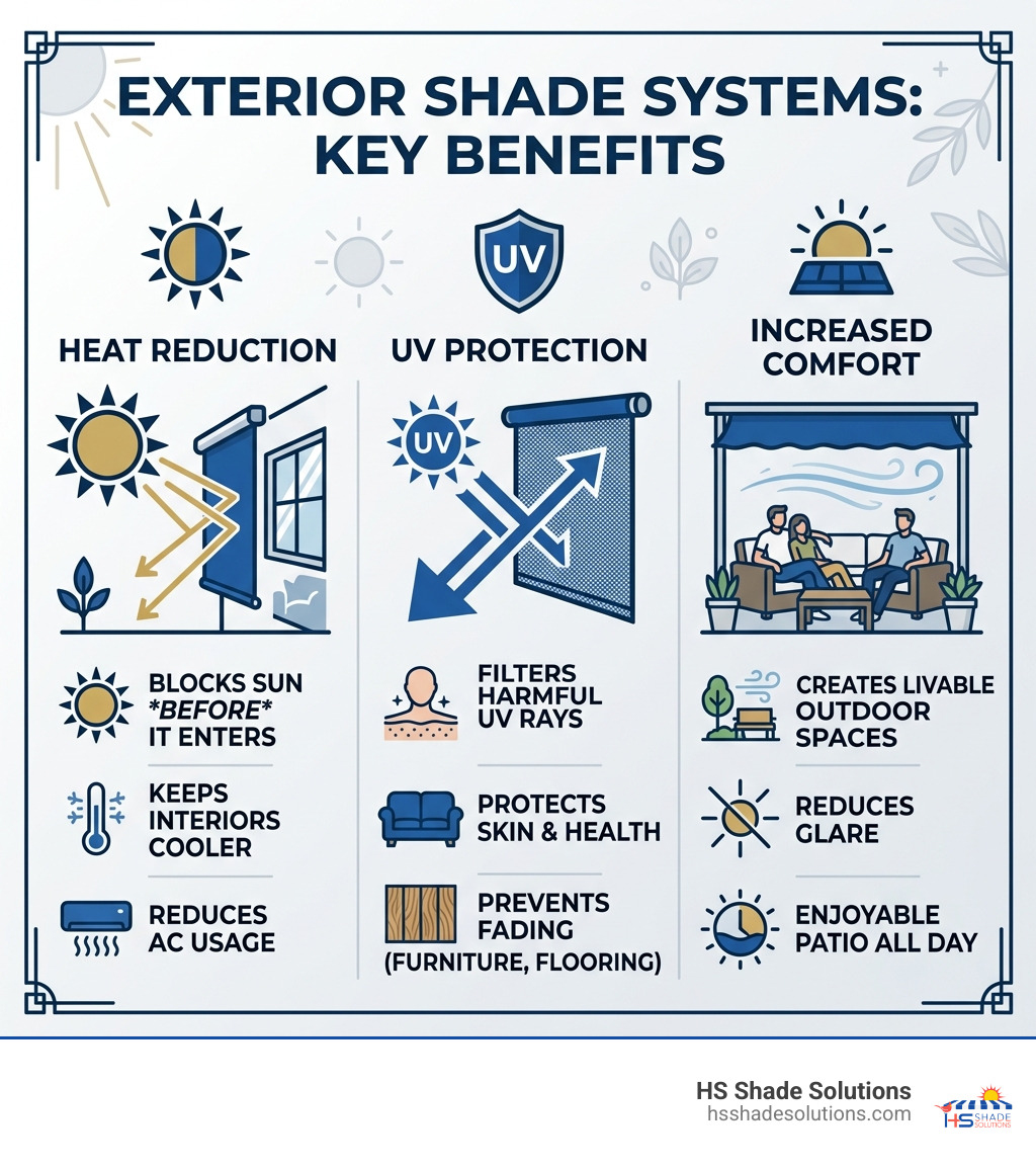 Infographic showing heat reduction, UV protection, and comfort benefits of exterior shade systems for patios - Exterior
