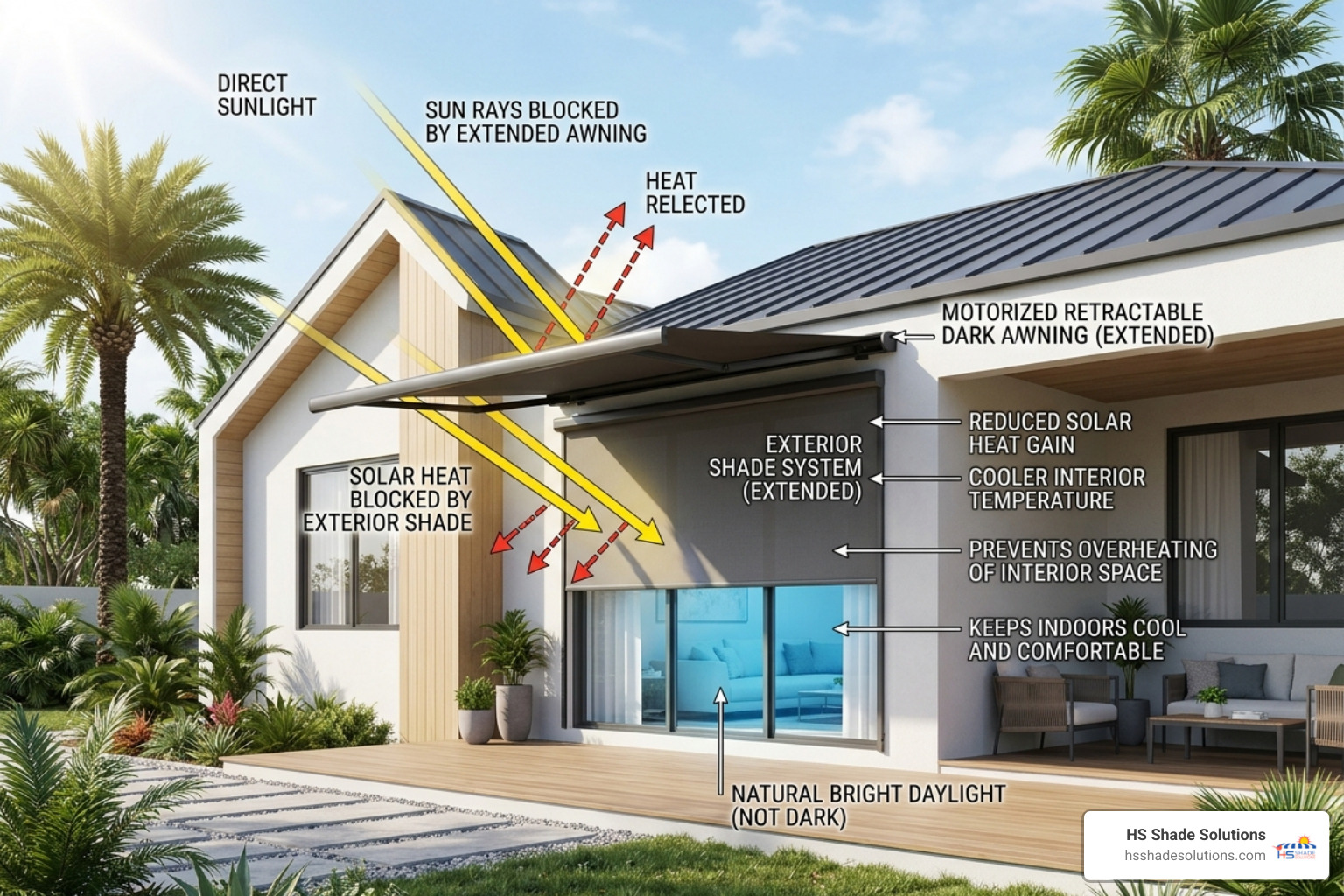 Graphic showing how exterior shades block sun before it hits the window to keep the home cool - Exterior Shade Systems for