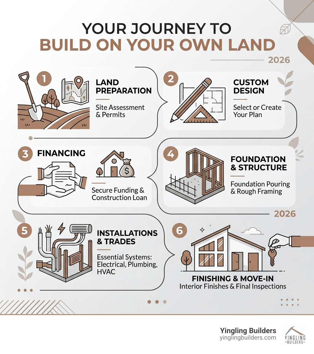 High-level stages of the build-on-your-lot journey from land to move-in - Build on own land infographic 