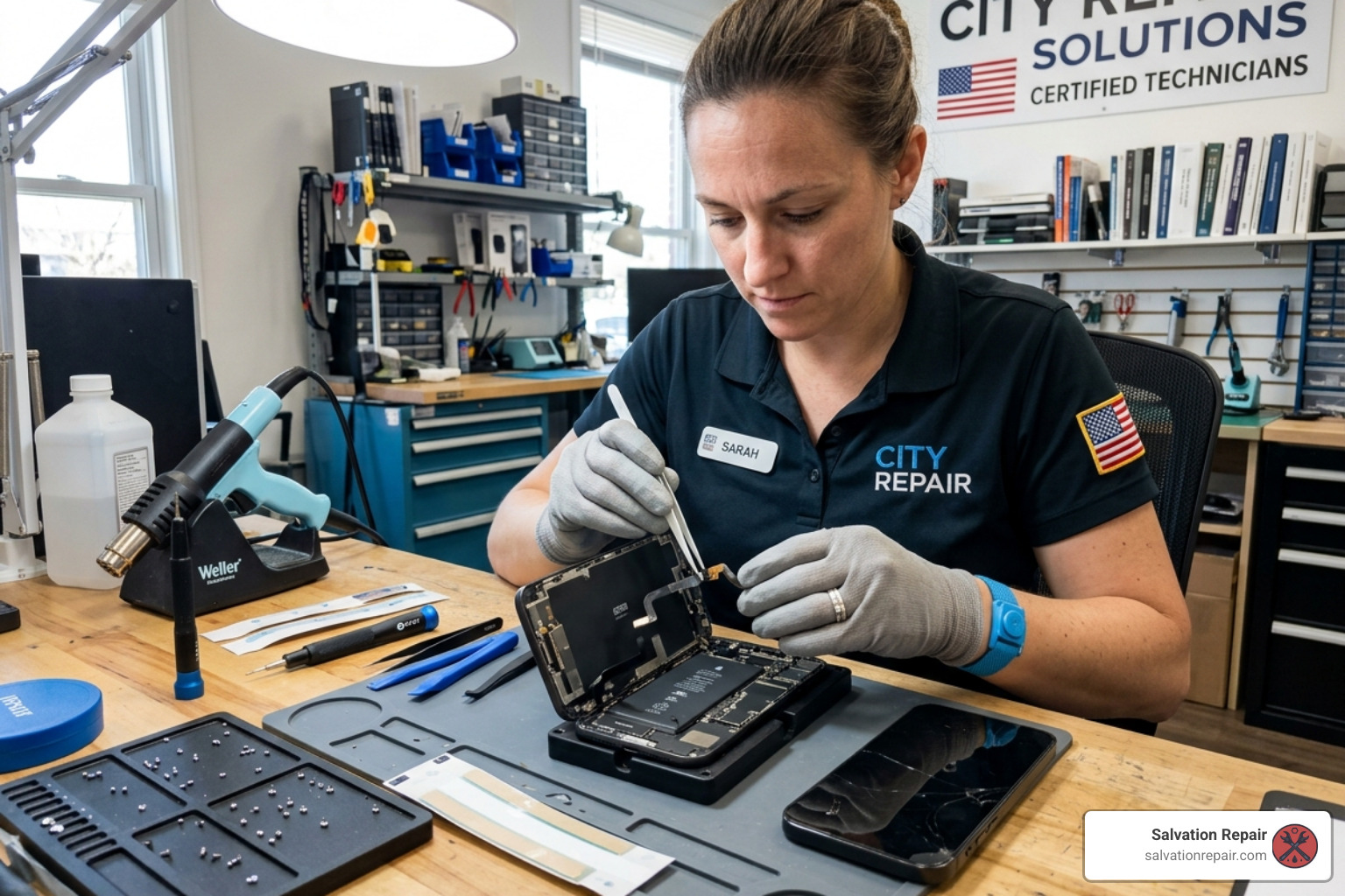 technician completing a screen swap on a modern iPhone - how long does iphone screen repair take