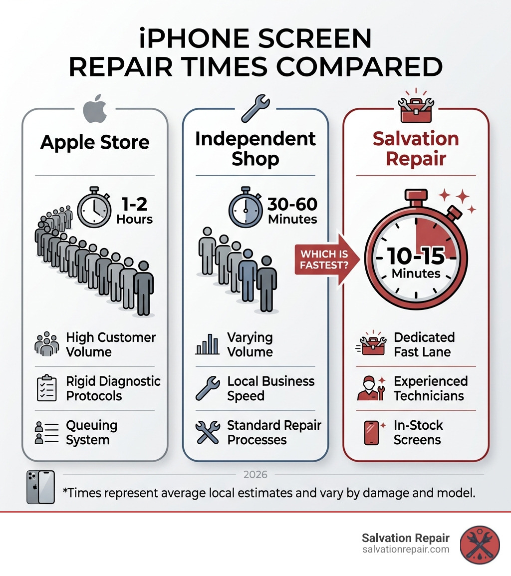 Infographic comparing repair times between Apple, Independent shops, and Salvation Repair - how long does iphone screen