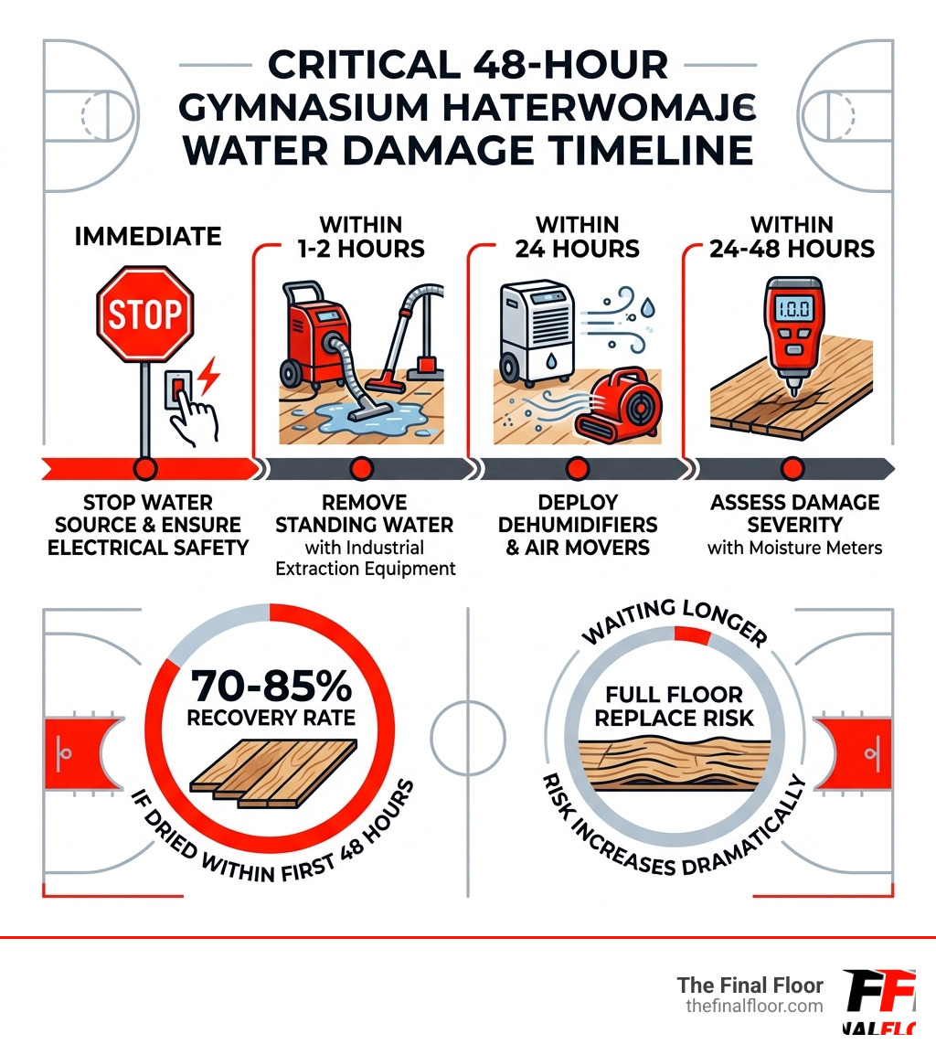 48-hour water damage timeline infographic for institutional gymnasium hardwood flooring repair - water damage hardwood