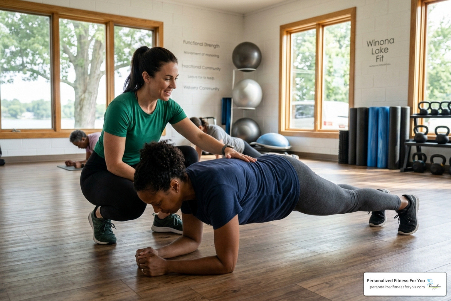Joy Grout coaching a woman in the studio on proper plank form - beginner core exercises women Joy Grout coaching a woman in the studio on proper plank form - beginner core exercises women