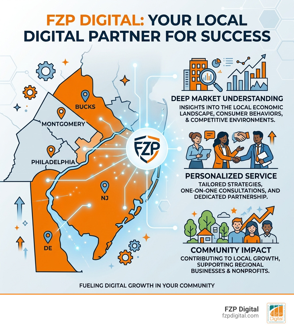 Infographic highlighting FZP Digital's local service areas (Philadelphia, Bucks, Montgomery, NJ, DE) and key benefits for Infographic highlighting FZP Digital's local service areas (Philadelphia, Bucks, Montgomery, NJ, DE) and key benefits for