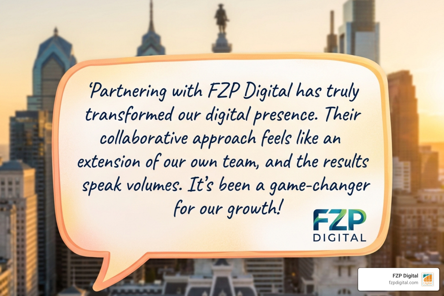 Quote bubble with a positive client testimonial about FZP Digital's partnership approach - fzp digital case studies Quote bubble with a positive client testimonial about FZP Digital's partnership approach - fzp digital case studies