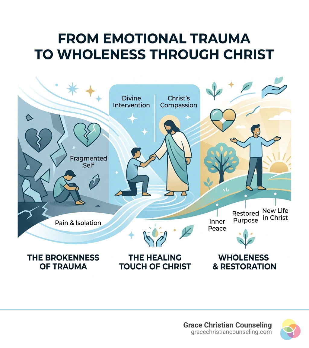 Path from emotional trauma to wholeness through Christ - steps and biblical principles infographic - Christ healing Path from emotional trauma to wholeness through Christ - steps and biblical principles infographic - Christ healing