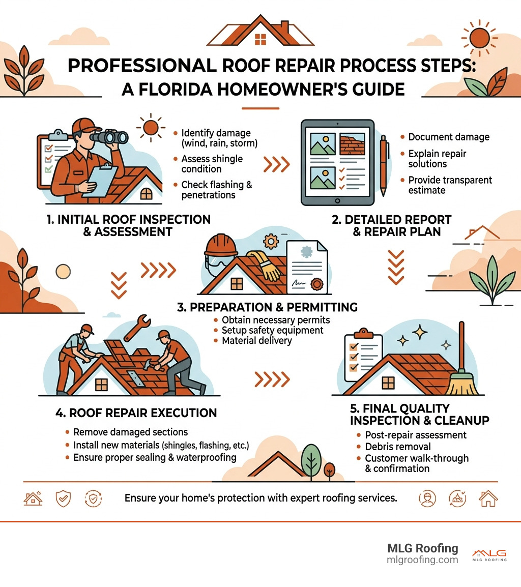 Professional roof repair process steps for Florida homeowners infographic - residential roof repairs infographic Professional roof repair process steps for Florida homeowners infographic - residential roof repairs infographic