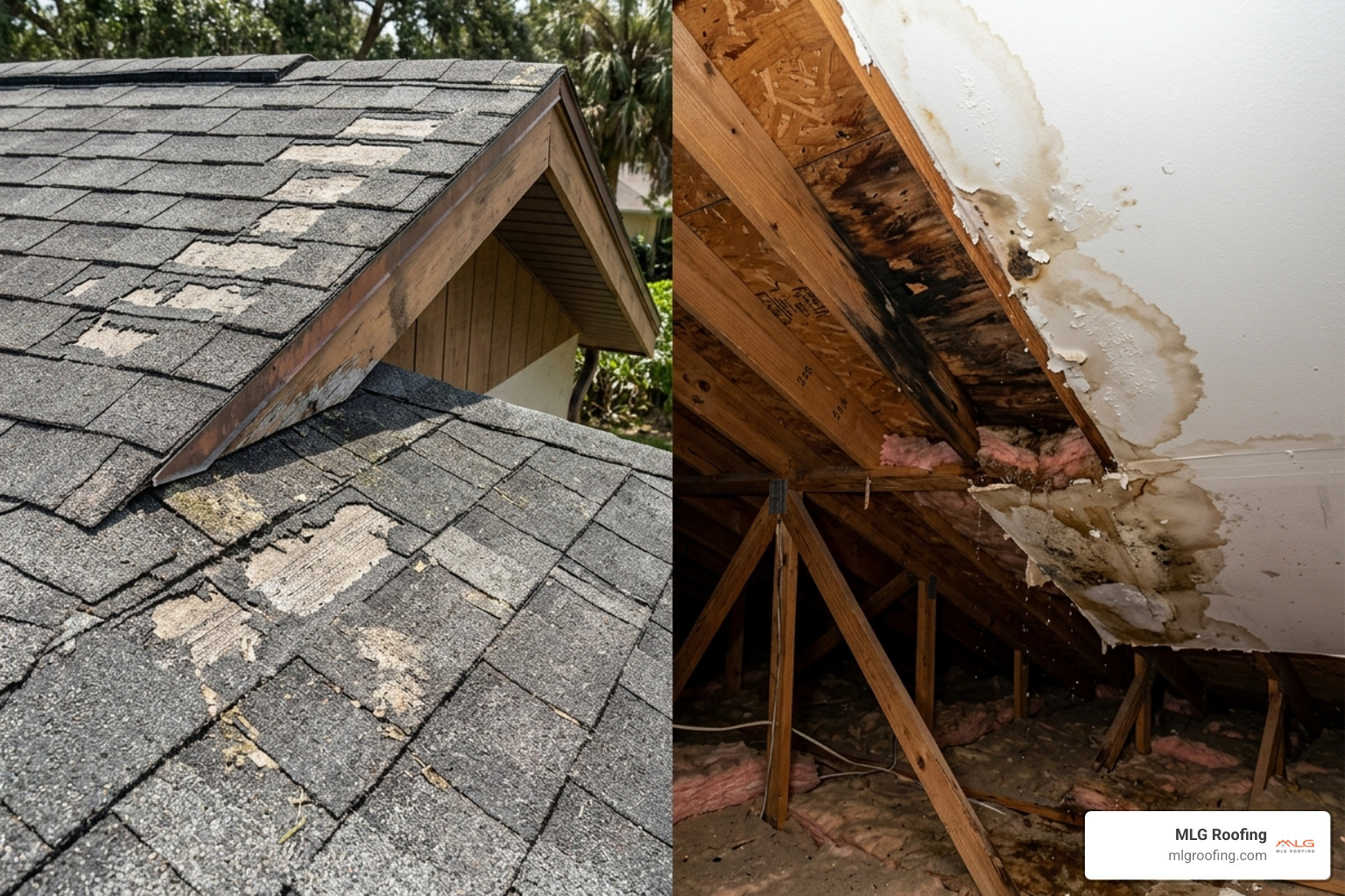 shingle granule loss and water-stained ceilings in a Palm Bay, FL home - residential roof repairs shingle granule loss and water-stained ceilings in a Palm Bay, FL home - residential roof repairs