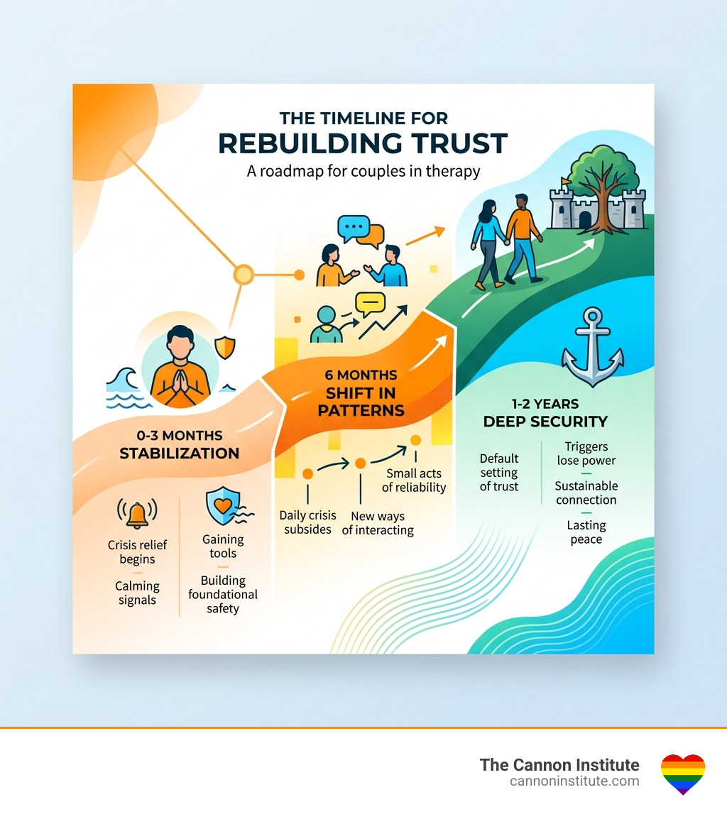 Infographic showing the timeline of trust recovery: 0-3 months for stabilization, 6 months for shift in patterns, 1-2 years Infographic showing the timeline of trust recovery: 0-3 months for stabilization, 6 months for shift in patterns, 1-2 years