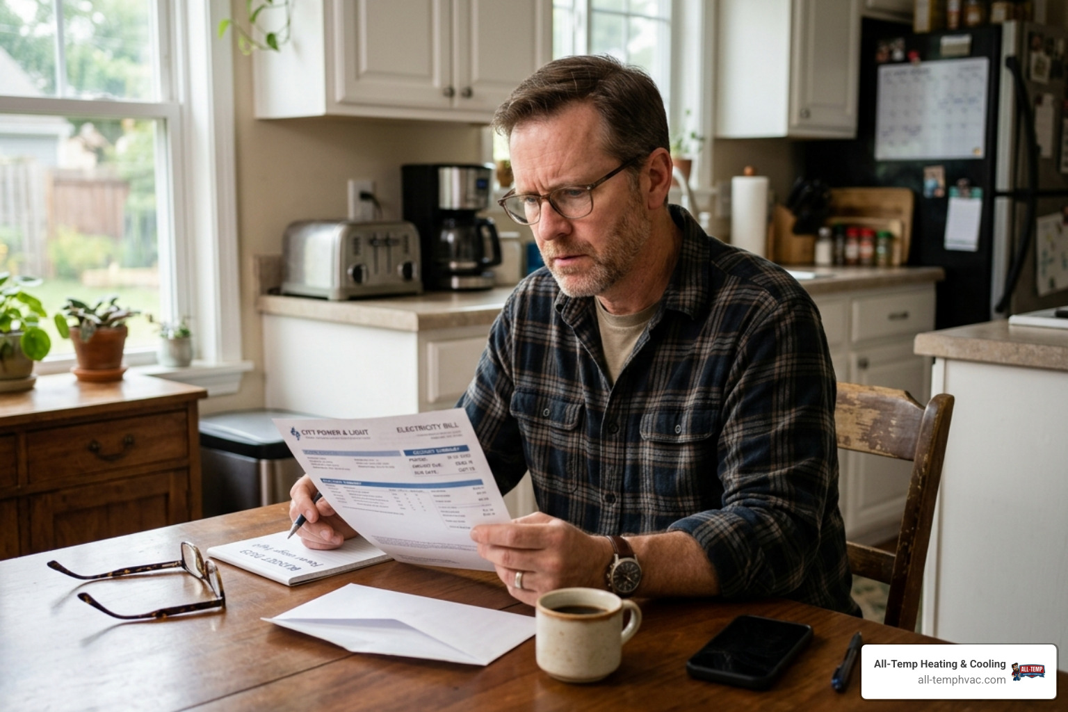 man reviewing an electricity bill at home - hvac replacement near me