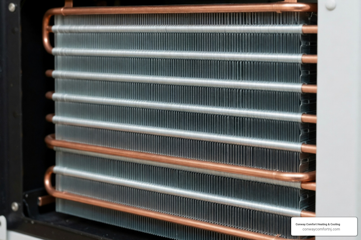 Close-up of clean copper condenser fins showing proper airflow gaps - condenser coil cleaning service