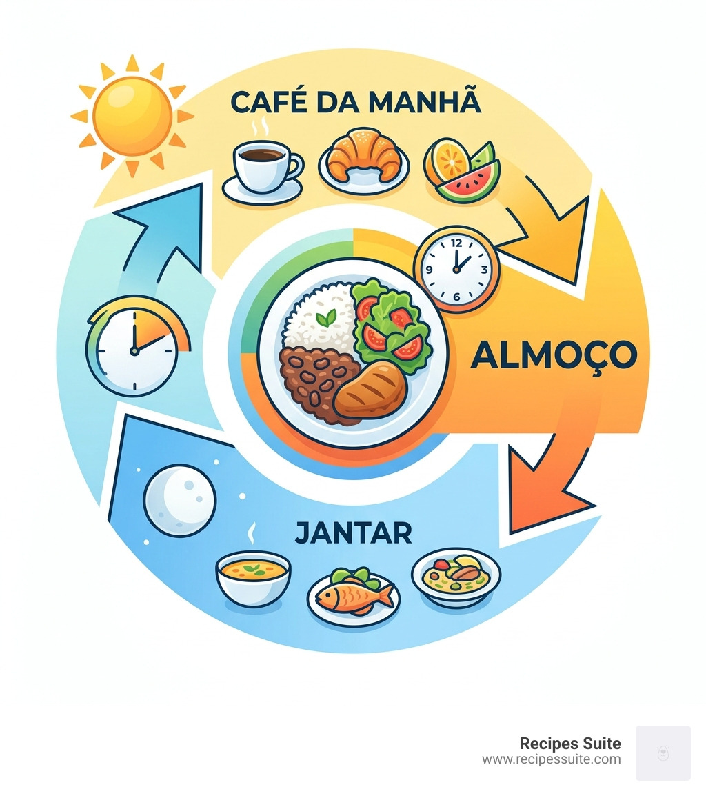 Daily meal cycle infographic for Portuguese-speaking countries showing café da manhã, almoço, and jantar - almoço in english