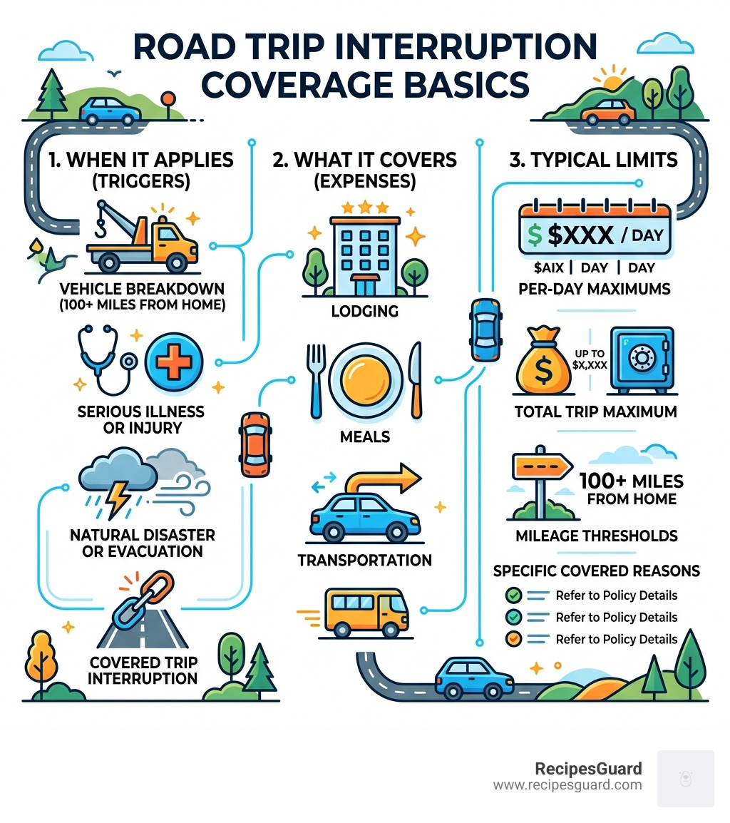 Infographic showing basics of road trip interruption coverage: triggers, expenses covered, and typical limits - road trip