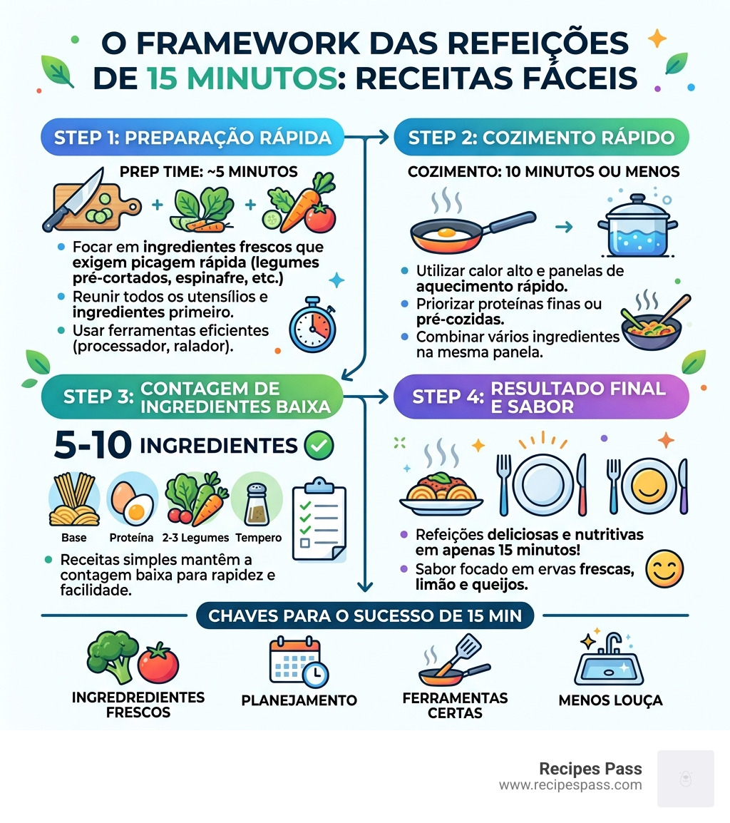 Infographic showing the 15-minute meal framework with prep times and ingredient counts for easy recipes - receitas fáceis