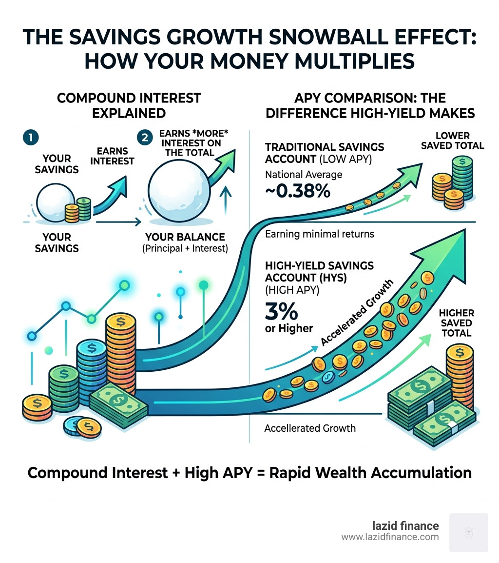Infographic showing savings growth snowball effect with APY comparison and compounding explained - savings account interest