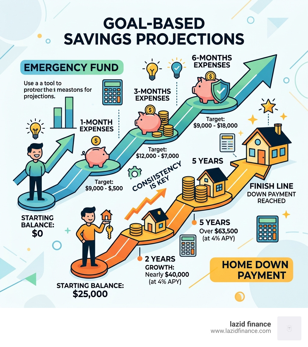 Goal-based savings projections showing milestones for emergency funds and home down payments - savings account interest