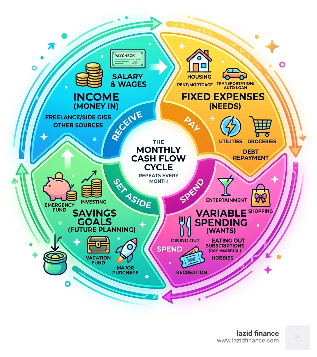 Monthly cash flow cycle showing income, fixed expenses, variable spending, and savings goals - monthly budget tracker