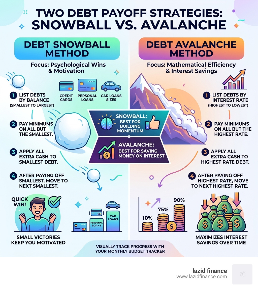 Infographic showing the difference between Debt Snowball and Debt Avalanche methods - monthly budget tracker infographic 