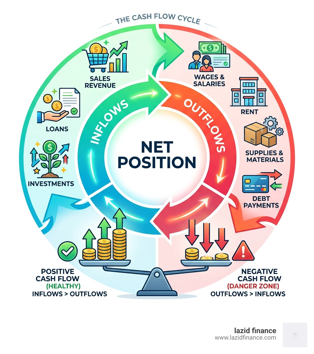 The cash flow cycle showing inflows, outflows, and net position - cash flow infographic 