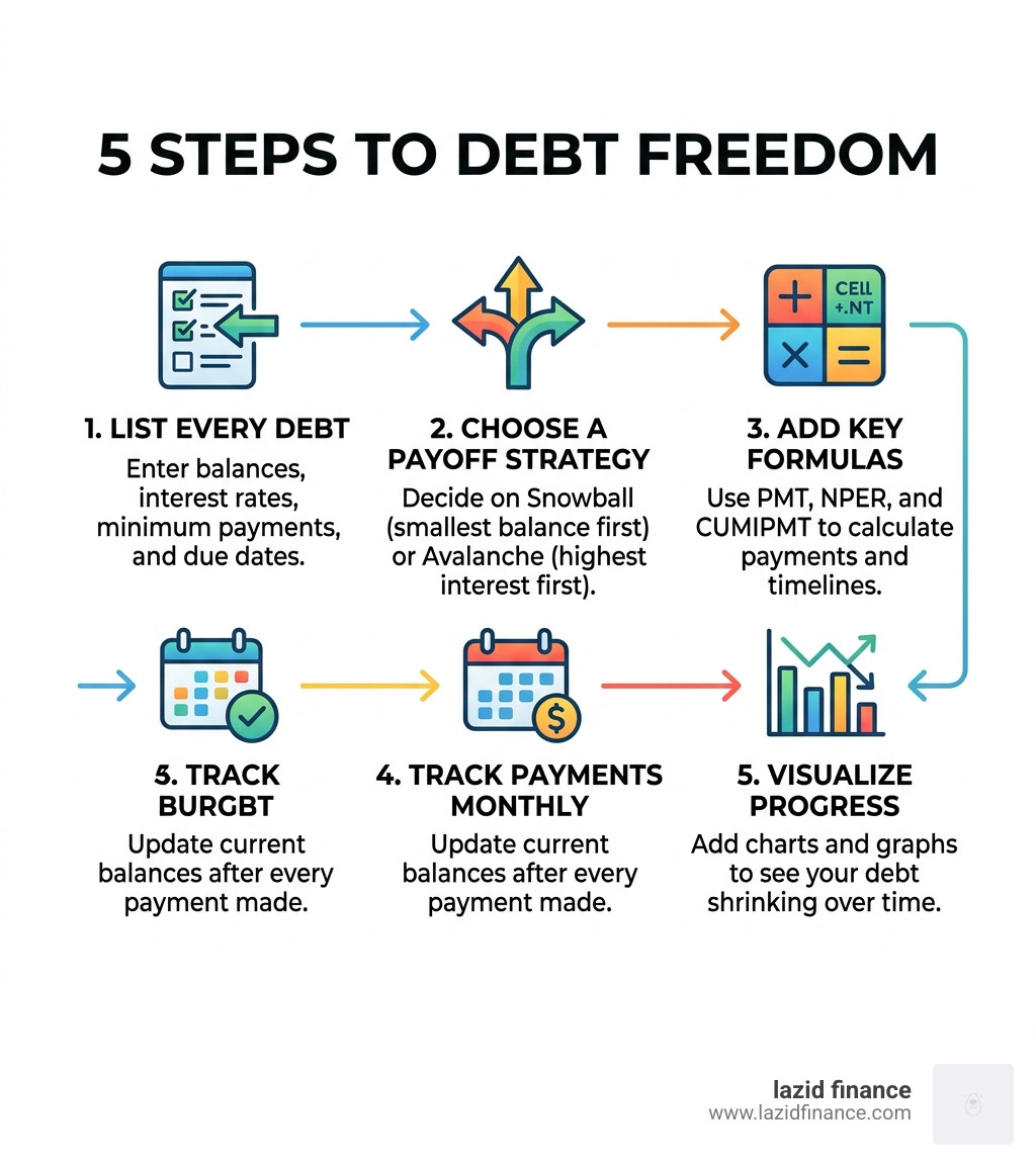 5 steps to debt freedom infographic showing list debts, choose strategy, add formulas, track monthly, visualize - debt