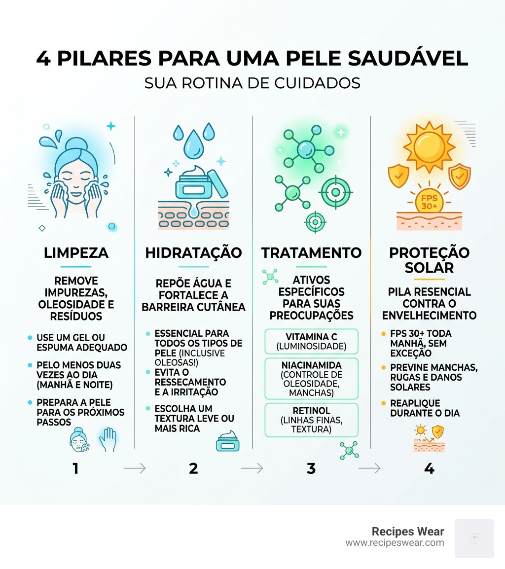 infographic showing the 4 pillars of healthy skin: cleanse, hydrate, treat, protect - skin care rotina infographic 