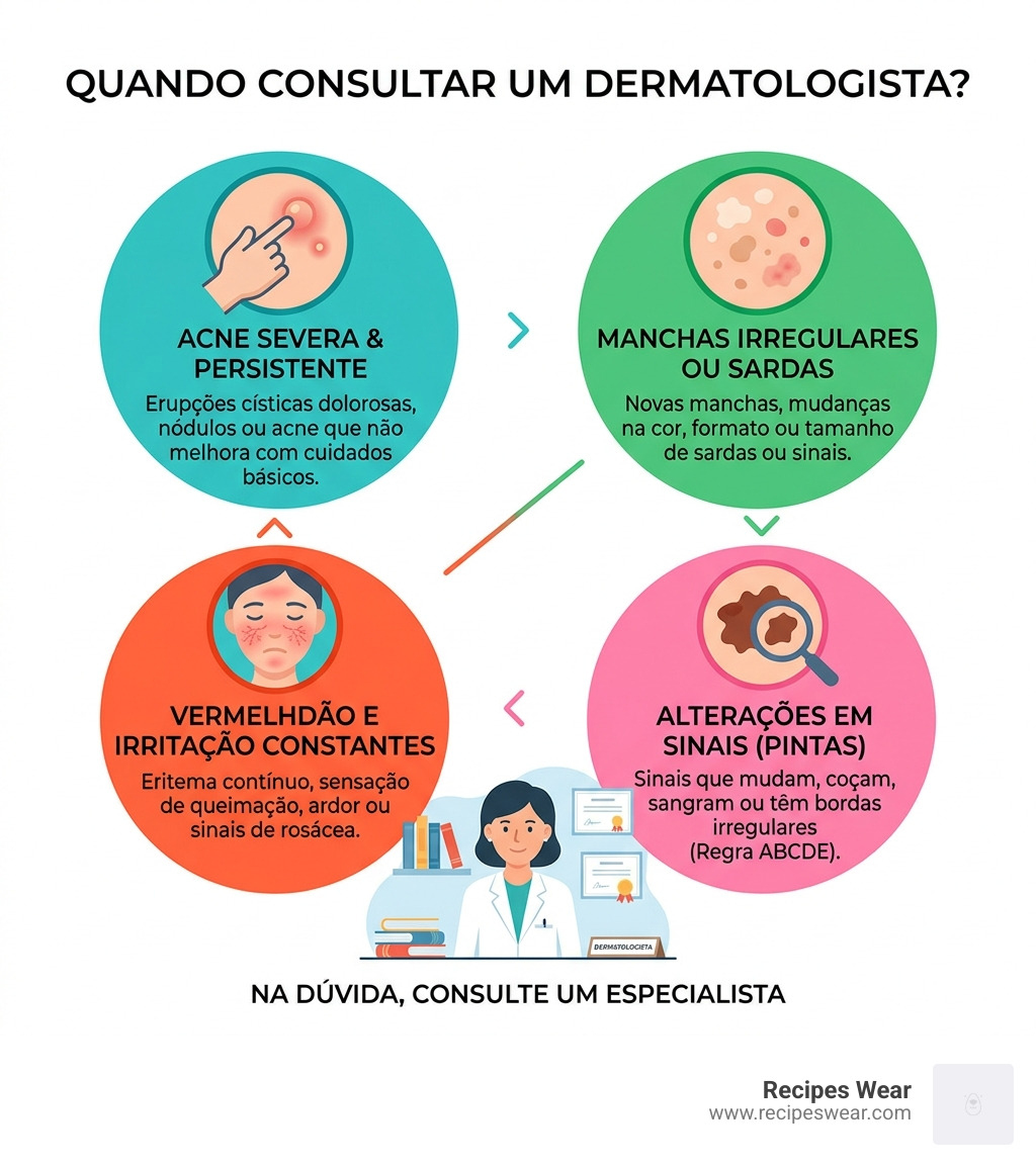 infographic: when to see a dermatologist - acne, spots, persistent redness, mole changes - skin care rotina infographic 