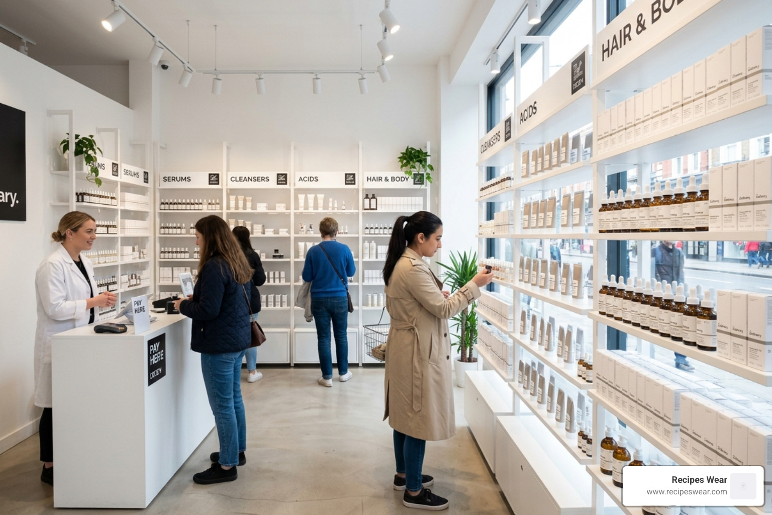 Inside a The Ordinary retail store with minimalist white shelves and scientific displays - the ordinary