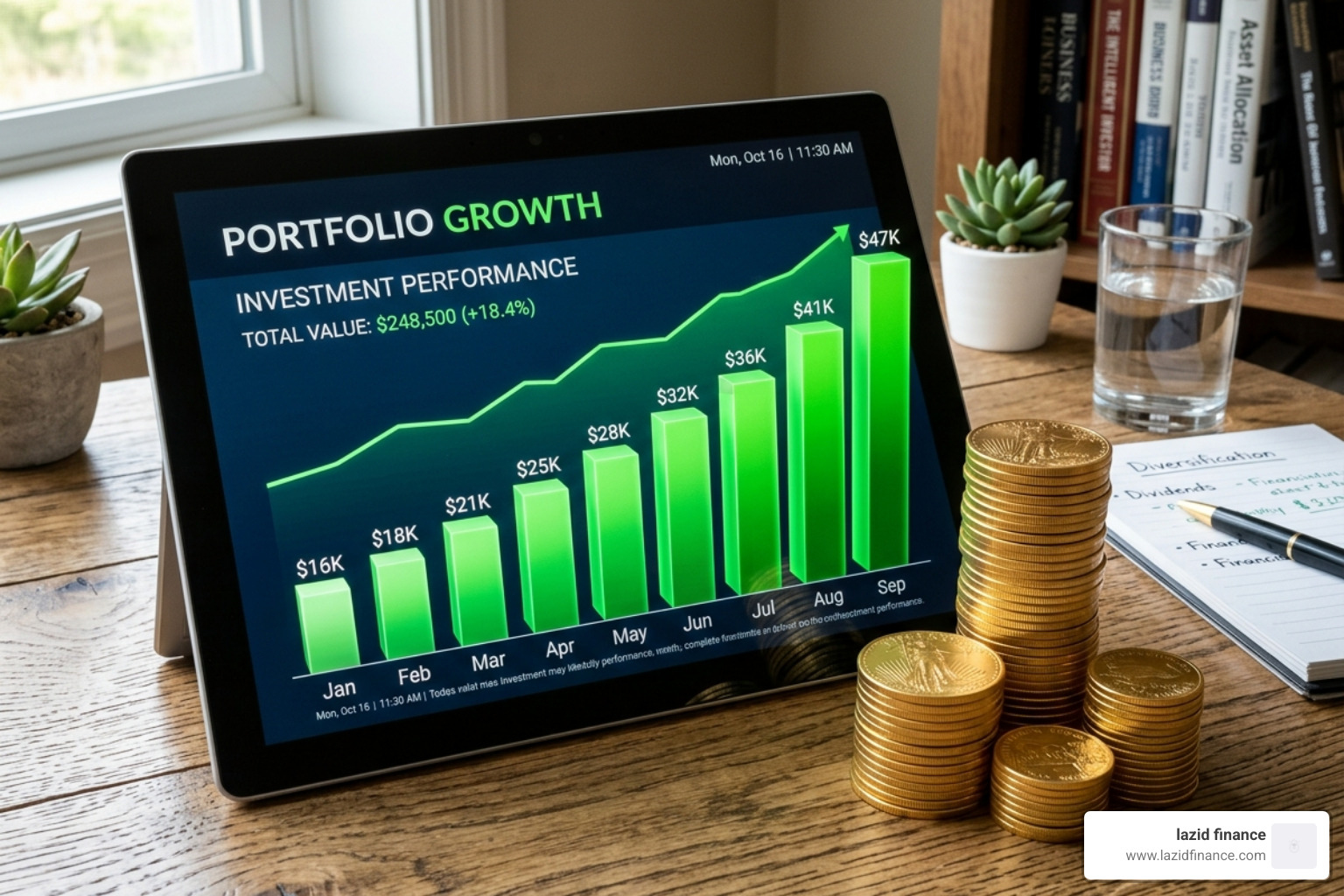 a growing investment portfolio represented by rising green bars and a golden coin stack - financial goal planner