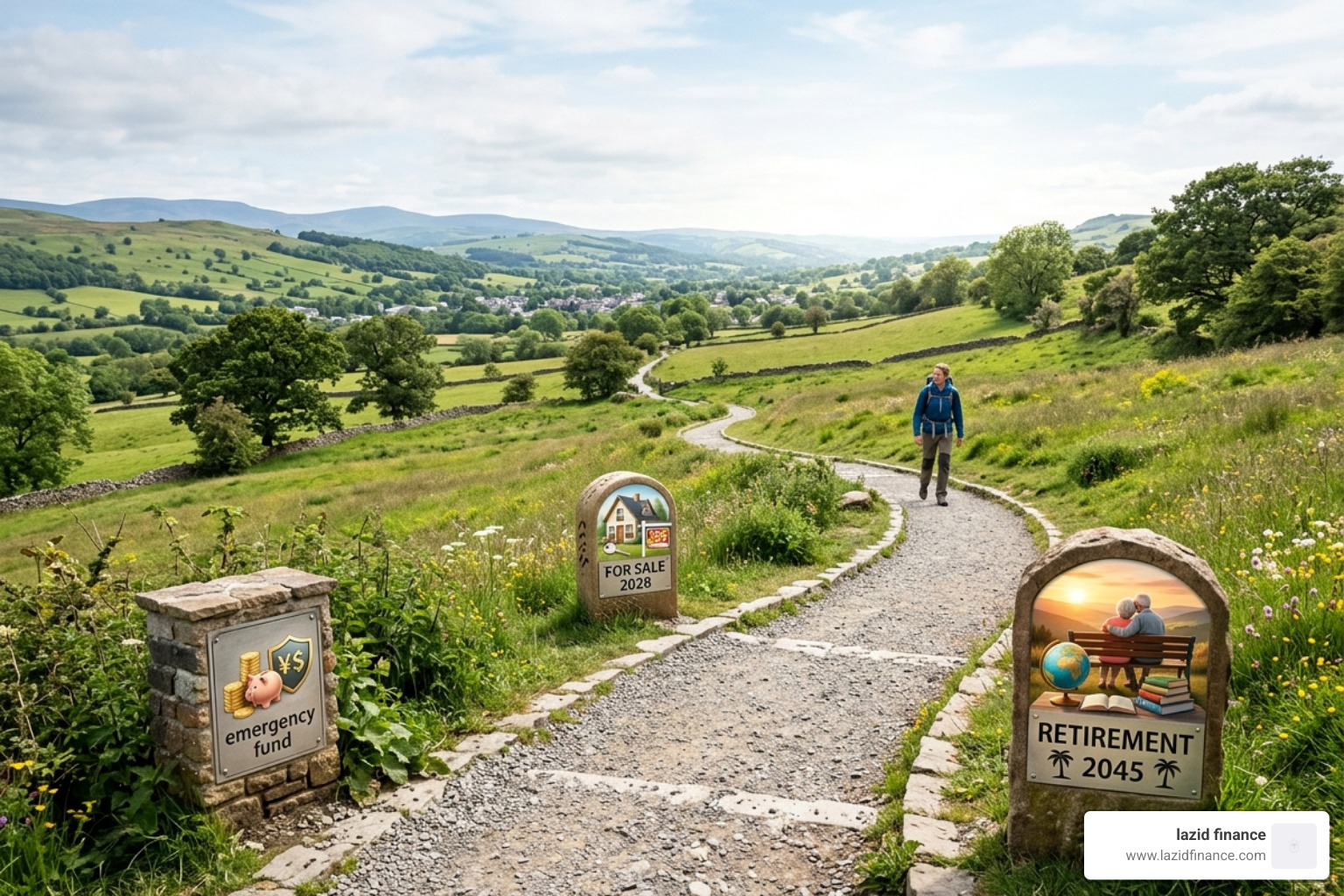 a financial roadmap visualization showing a winding path with milestones like emergency fund, home purchase, and retirement