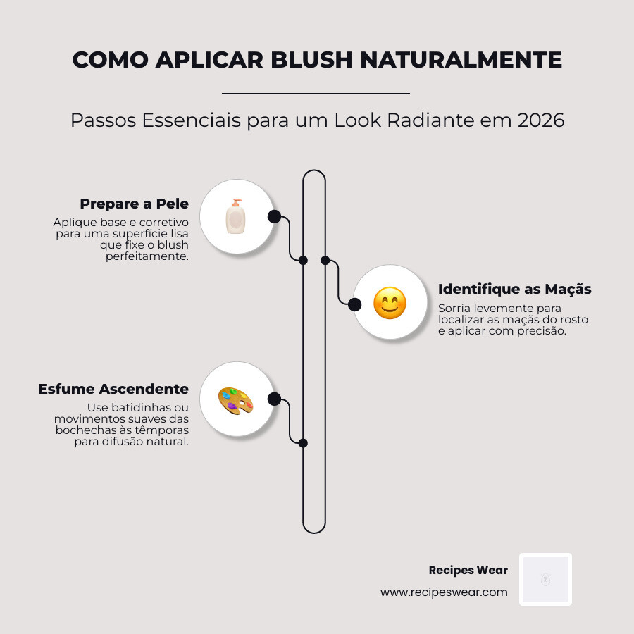 infographic showing blush application steps, benefits, and face placement guide for 2026 - Como aplicar blush infographic