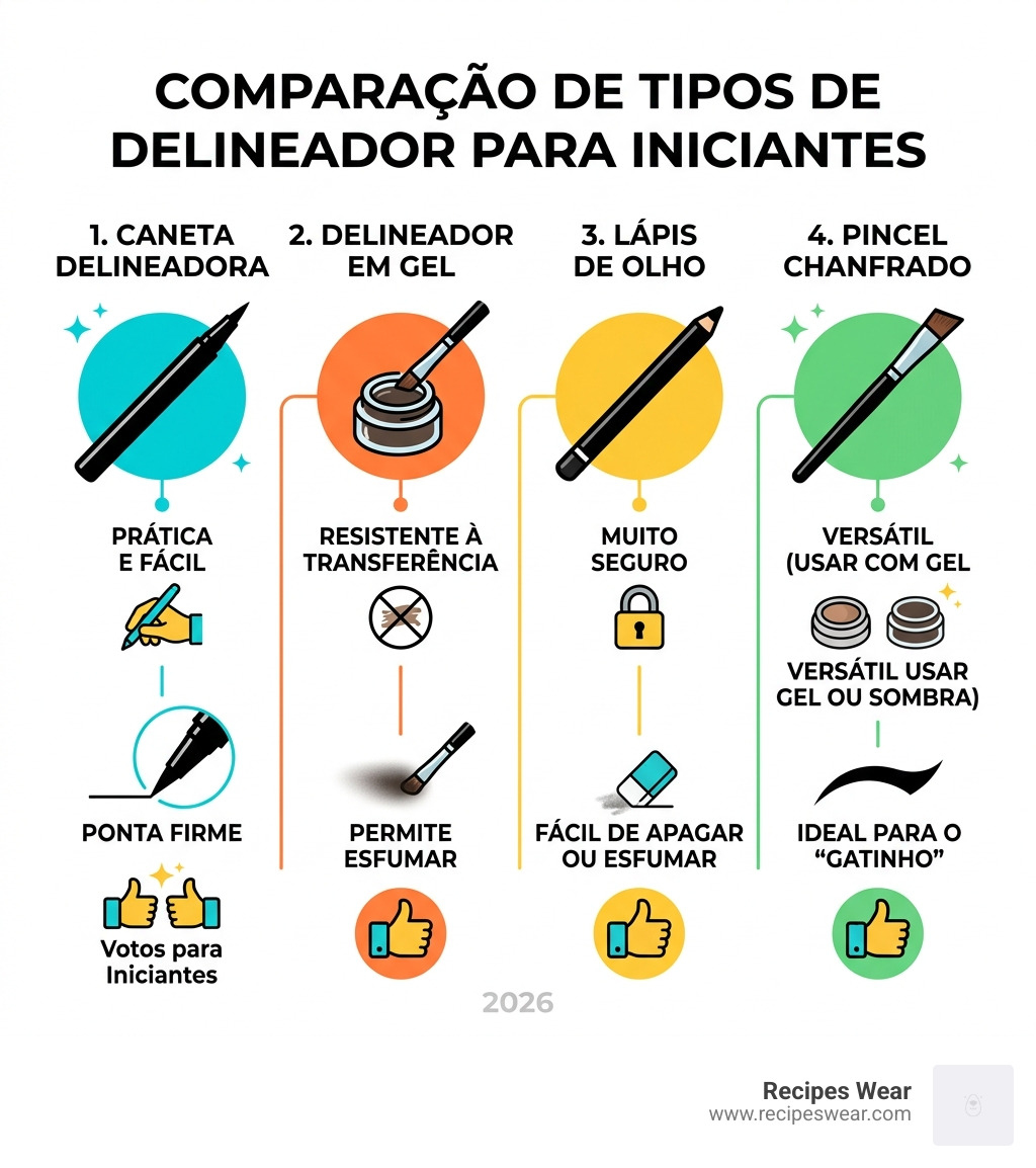 comparação de tipos de delineador para iniciantes - Como fazer delineado infographic 