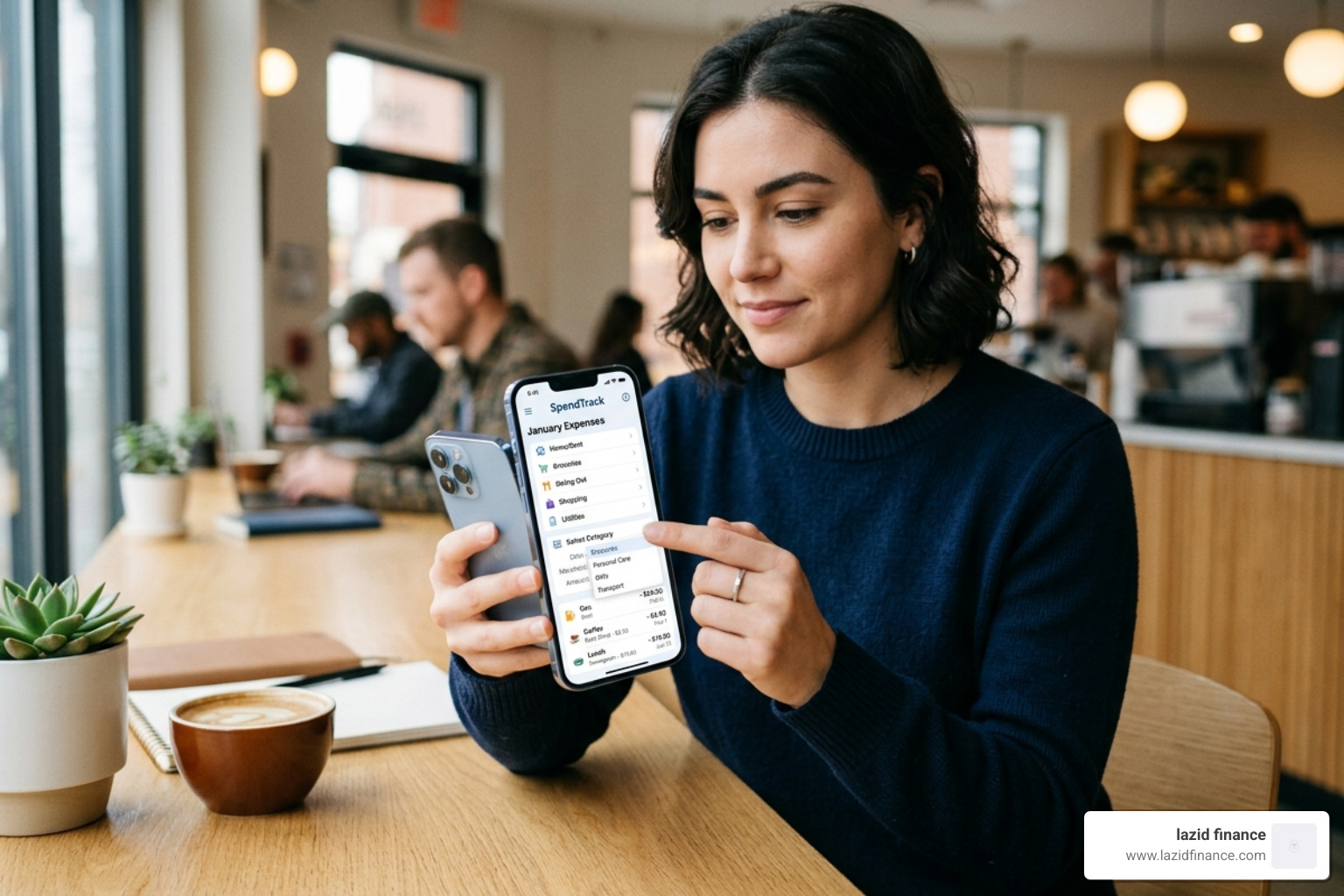 A person using a smartphone to categorize expenses in a clean, modern interface - monthly budget tracker
