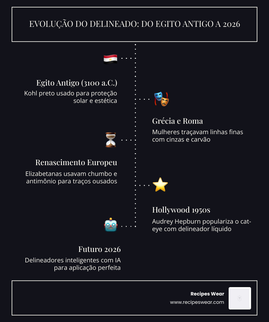 infographic showing eyeliner evolution from Ancient Egypt to 2026 with key techniques - Como fazer delineado infographic
