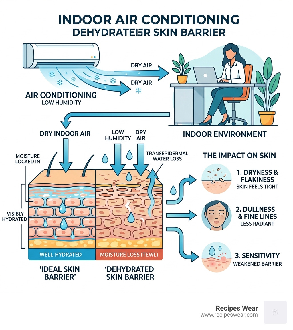Infographic showing how indoor environments like air conditioning dehydrate the skin barrier - best face cream to use