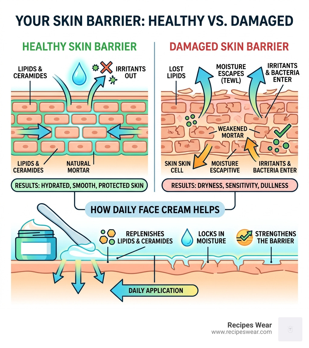 Infographic comparing healthy vs. damaged skin barriers and how daily face cream helps - everyday face cream infographic 