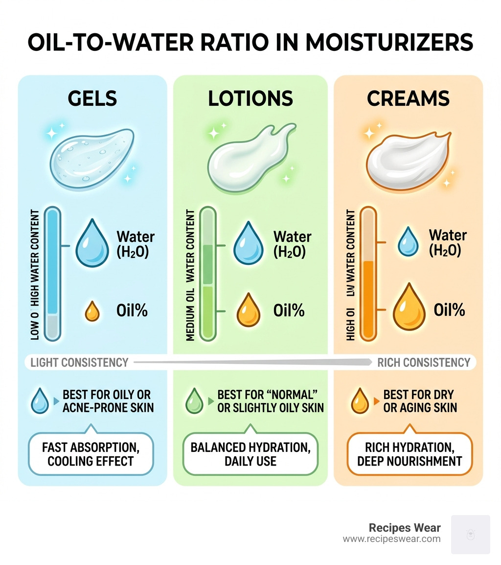 Infographic comparing the oil-to-water ratio in gels, lotions, and creams - best face cream to use infographic 