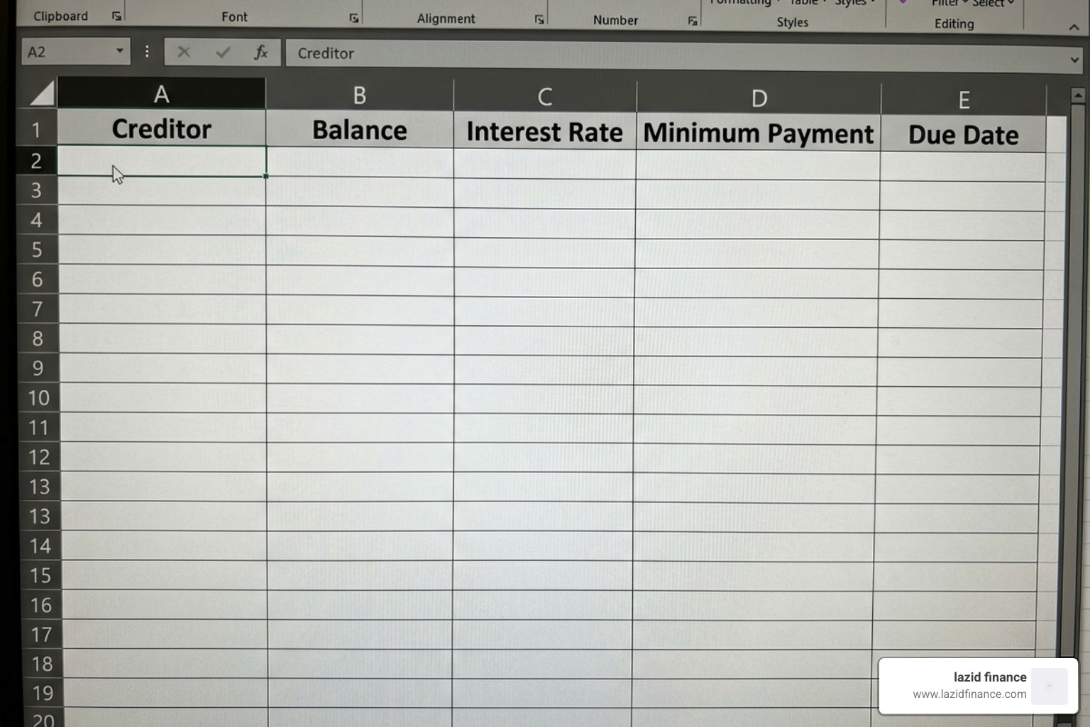 blank excel table with financial headers - debt payoff tracker excel
