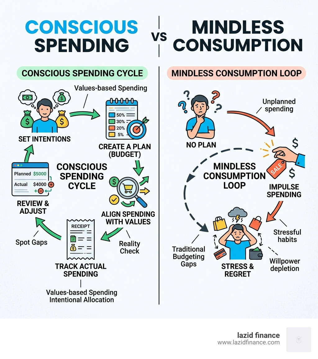 Conscious spending cycle vs mindless consumption infographic showing planned vs actual spending loop - conscious budget vs