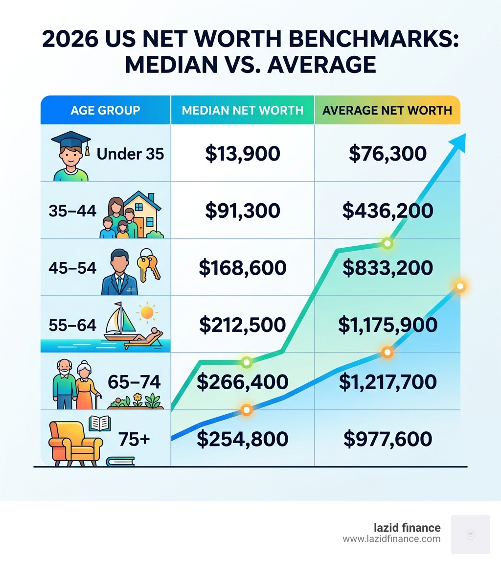 Table comparing median and average net worth by age group in the United States - smart net worth calculator infographic 