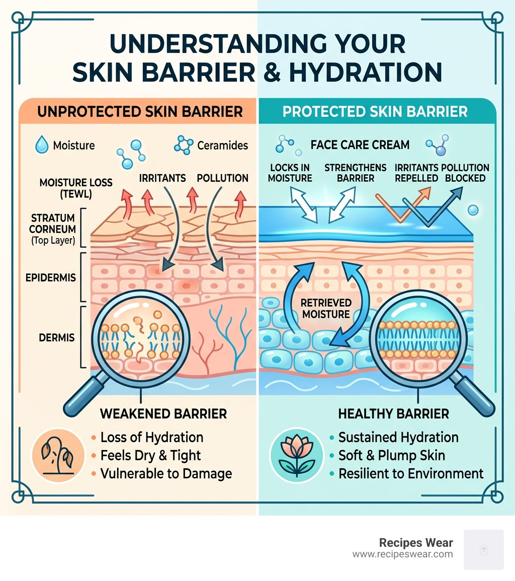 Infographic showing skin layers, moisture retention, and how face cream protects the barrier - face care cream infographic 