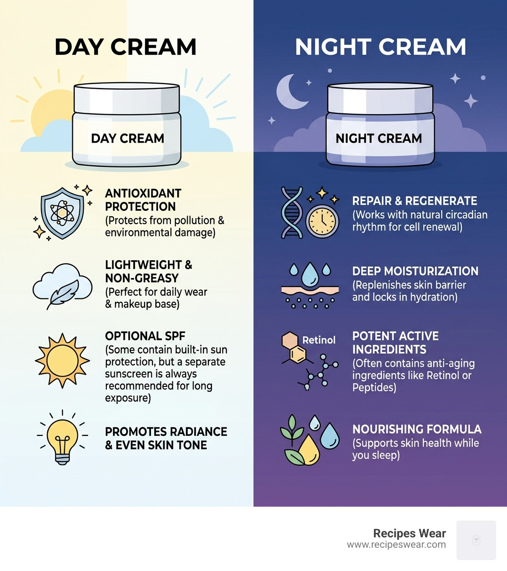 Infographic comparing Day vs Night cream benefits - face care cream infographic 