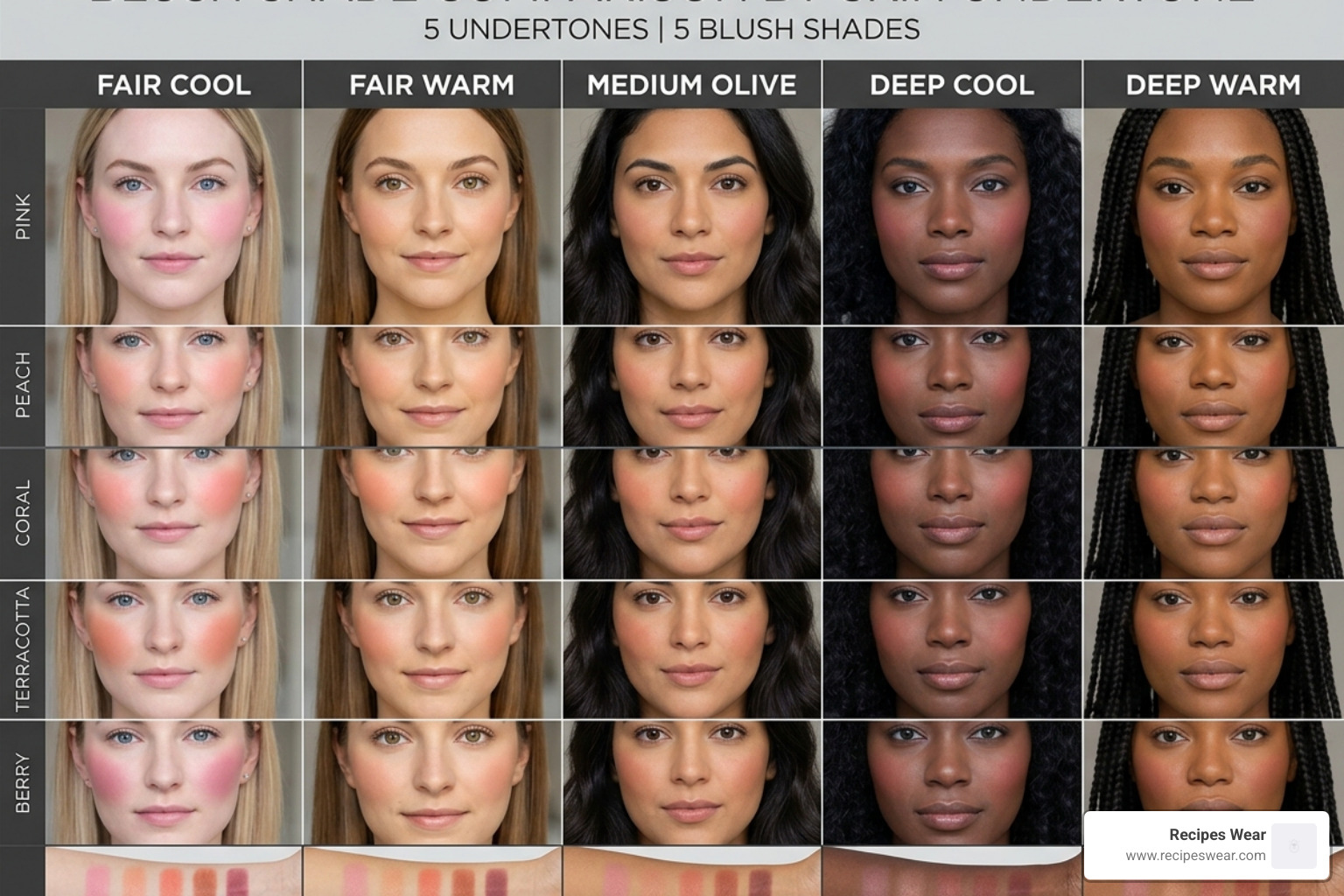 comparative image showing different blush shades against various skin undertones - Como aplicar blush